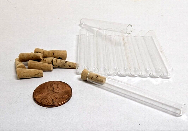 10 small TINY glass test tubes w/ stoppers & dropper for filling, vials