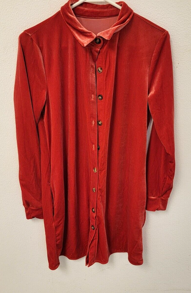 R. Vivimos Crushed Velvet Button Up Tunic Top, Orange/Red, Small, Worn Once!