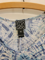 Clara Sun Woo Slinky Asymmetrical Hem Tunic Top White&Blue XS Blouse Stretch 3/4
