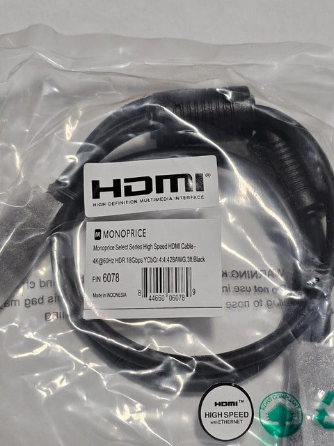 Lot 10 Monoprice 3ft 4k@60Hz HDR 18Gbps HDMI High Speed Cable with Ethernet 3ft