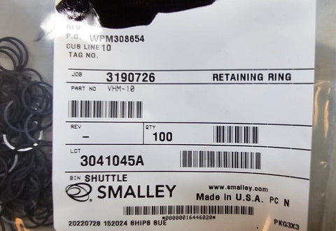 100x Smalley VHM-10 Spirolox Metric Light Duty Retaining Ring Carbon Steel 10mm