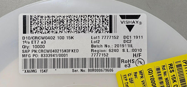 10000PCS VCRCW040215K0FKED RES SMD 15K OHM 1% 1/16W ROHS T&R Full Reel