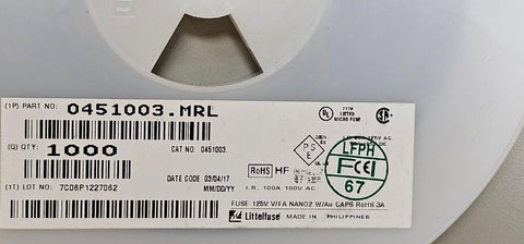 900PCS Littelfuse 0451003.MRL Surface Mount Fuses, SMD, 3A,  125V 0.0227Ohms
