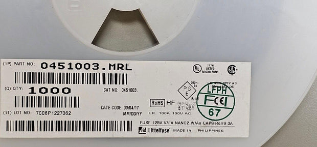 900PCS Littelfuse 0451003.MRL Surface Mount Fuses, SMD, 3A,  125V 0.0227Ohms