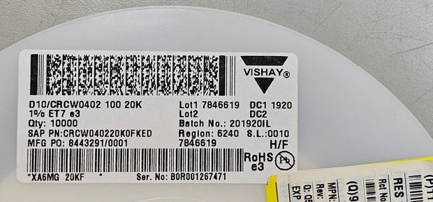 9000PCS Vishay CRCW040220K0FKED  Resistor Thick Film 0402 20K Ohm 1% 0.063W