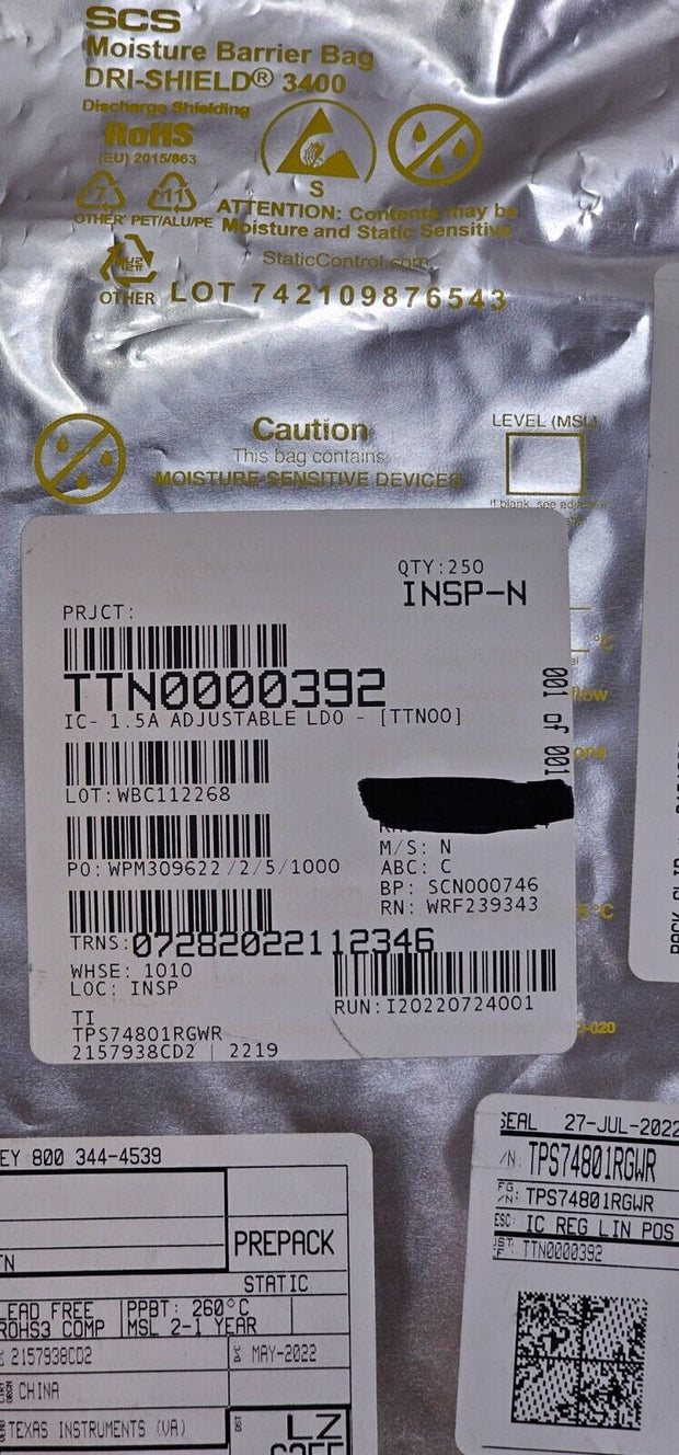 250PCS Texas Instruments TPS74801RGWR LDO Voltage Regulators SGL Output 1.5A 3.3
