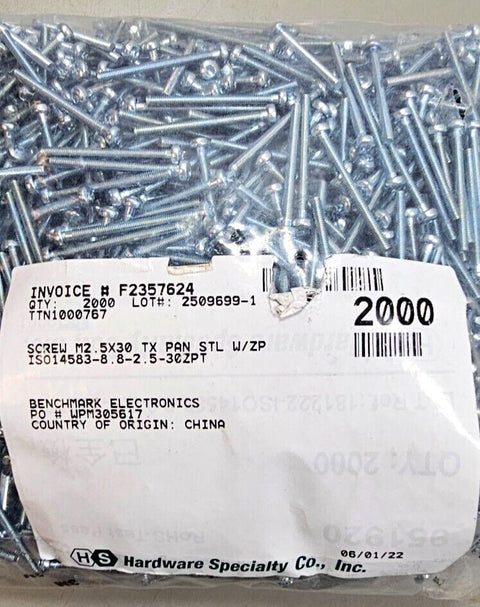 2000PCS 951920 M2.5X30mm Long, Torx, Pan Head Machine Screws, Zinc Plated Steel