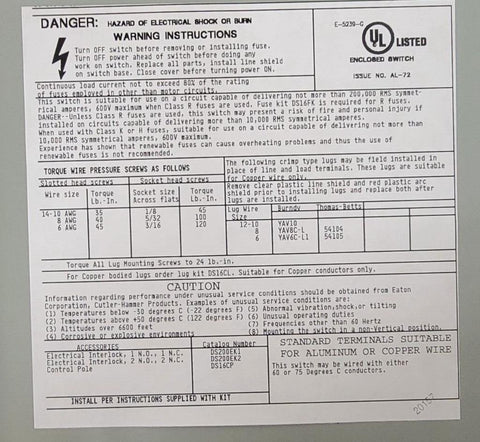 Eaton NSB DH361FDK Safety Switches DH 3P 30A 600V 50/60Hz 3Ph Fusible 3Wire EA N