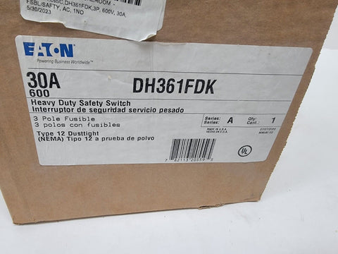 Eaton NSB DH361FDK Safety Switches DH 3P 30A 600V 50/60Hz 3Ph Fusible 3Wire EA N