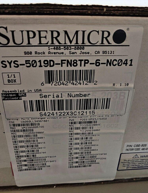 New Supermicro SDS 1U Rackmnt Server, Xeon D-2146NT, 128GB RAM, 3.84TB PM893 SSD