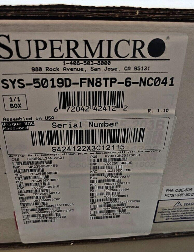 New Supermicro SDS 1U Rackmnt Server, Xeon D-2146NT, 128GB RAM, 3.84TB PM893 SSD