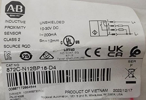 Allen Bradley 872C-N12BP18-D4 Inductive Prox Sensor Nickel Brass Inductive