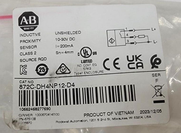 Allen Bradley 872C-DH4NP12-D4 12mm Barrel Inductive Proximity Sensor Y