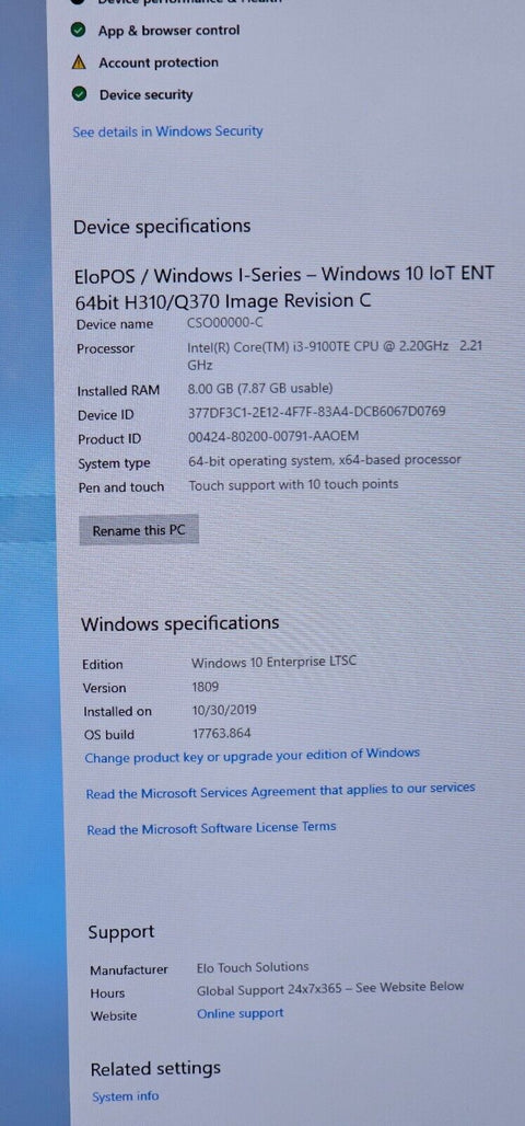 Elo I-Series 2.0 ESY22i3 21.5'' E850591 i3-9100TE 8GB 128GB SSD W10 1080P (NOS)