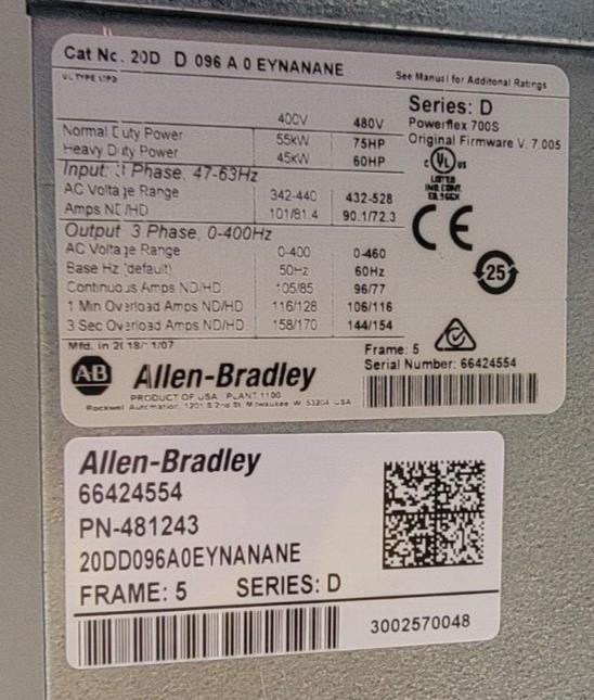 New Allen-Bradley 20DD096A0EYNANANE PowerFlex 700S AC Drive
