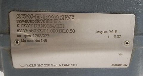 KT37/T DRN90S4/BE1 Sew Eurodrive Helical-Worm Gearmotor 30A 1.5HP