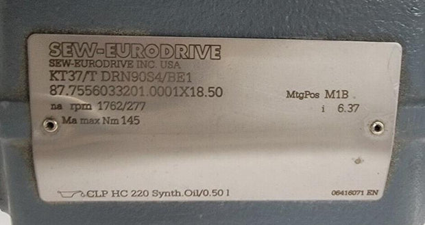 KT37/T DRN90S4/BE1 Sew Eurodrive Helical-Worm Gearmotor 30A 1.5HP