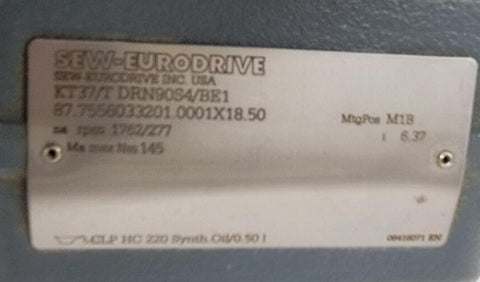 KT37/T DRN90S4/BE1 Sew Eurodrive Helical-Worm Gearmotor 30A 1.5HP