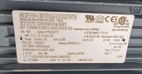 KT37/T DRN90S4/BE1 Sew Eurodrive Helical-Worm Gearmotor 30A 1.5HP