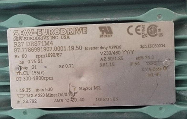Sew-Eurodrive R27 DRS71M4 0.75HP Gearmotor 1690 RPM