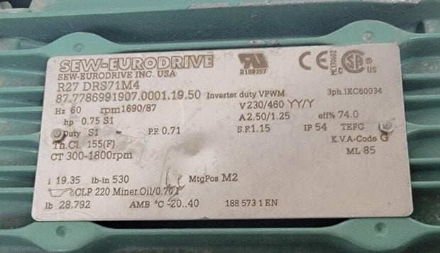 Sew-Eurodrive R27 DRS71M4 0.75HP Gearmotor 1690 RPM
