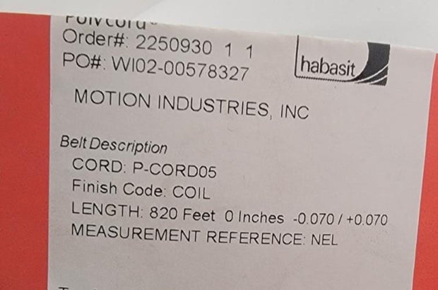 Habasit Polycord P-CORD05 Endless Polycord Coil, 820 feet