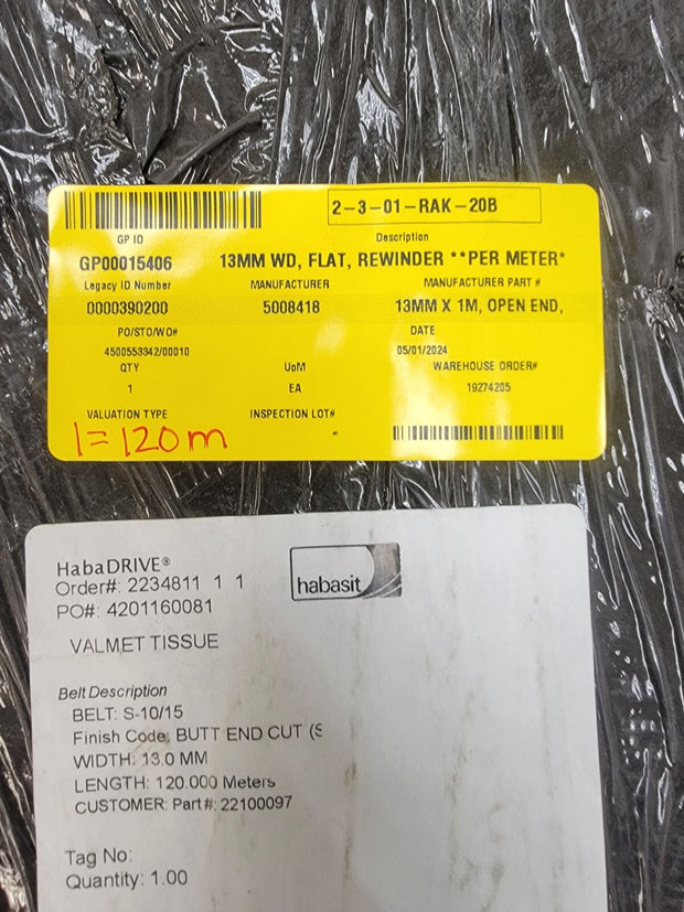 Apache Habasit 13mm width Flat Rewinder Belt S-10/15, 120m