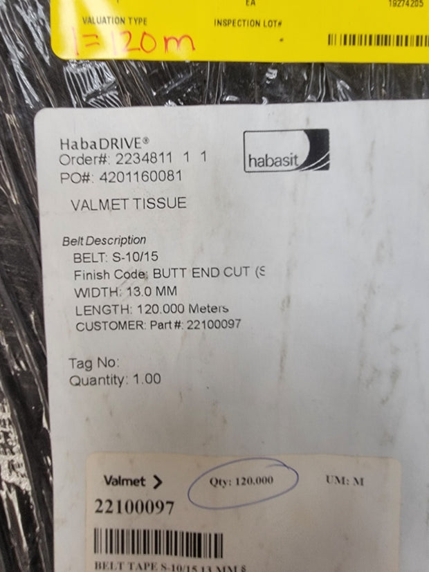 Apache Habasit 13mm width Flat Rewinder Belt S-10/15, 120m