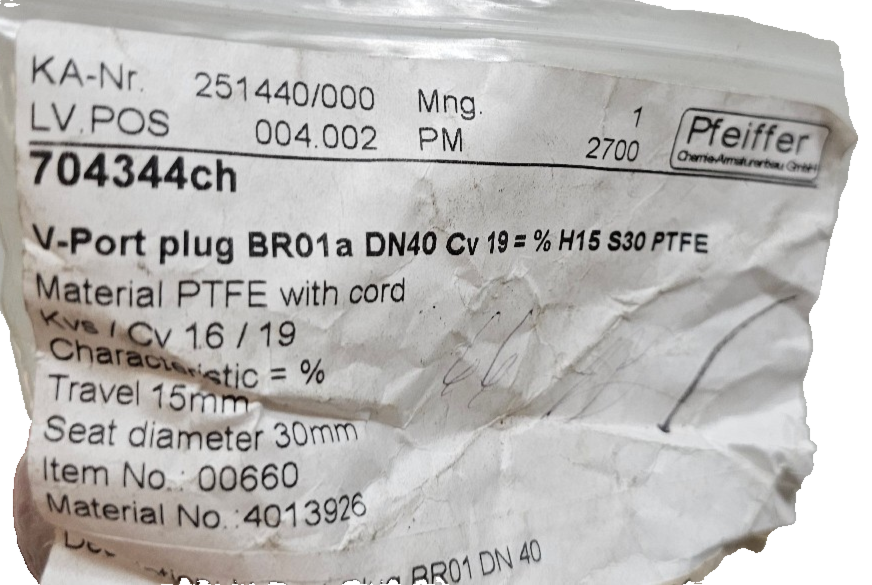 New Samson Pfeiffer PTFE V-Port Plug BR01a DN40 CV19 H15 S30 004.002 7 ...