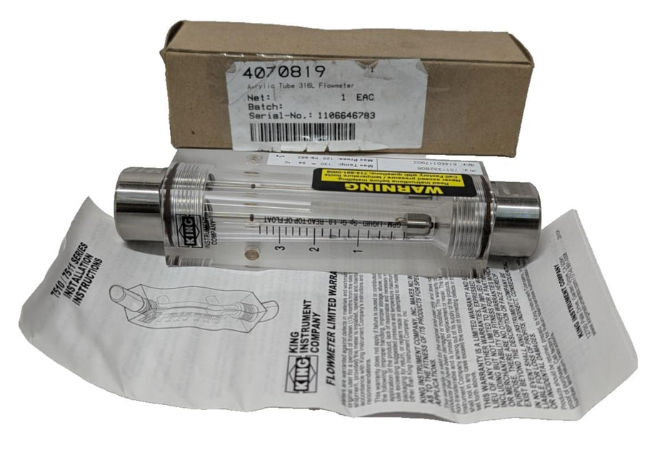 Ceengi Instruments King Instruments 7510 Series Acrylic Tube Flowmeter 7510312A07 NOS ...