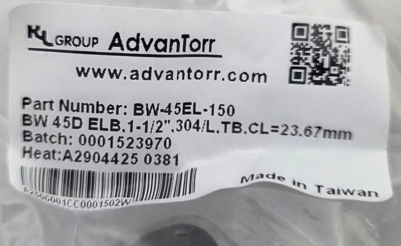 Lot of 5 Sealed Advantorr 45 deg Butt Weld Elbow, 1-1/2