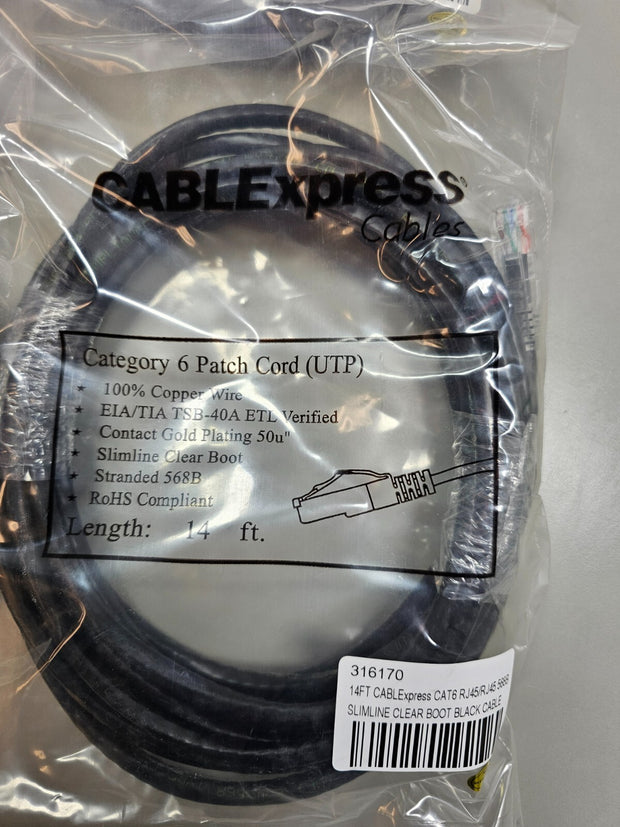 Lot 14PCs Cat6 RJ45 Ethernet Patch Cord (UTP) Black, 14ft, Gold Plated, Sealed