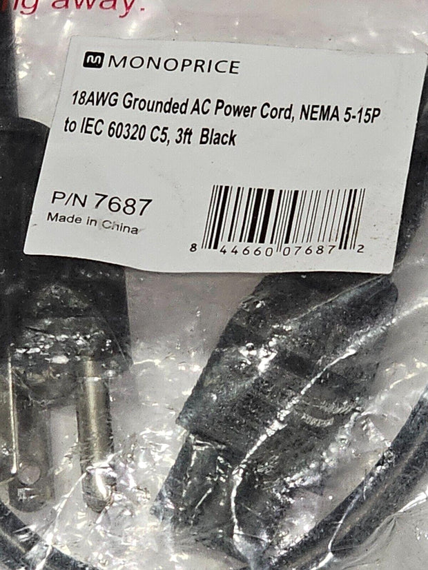 Qty 11 Monoprice 7687 Power Cords, NEMA 5-15P to IEC 60320, 18AWG, 10A/1250, 3'