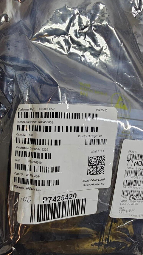 100 PCS Molex 43045-0602 6 Pin 3MM Dual Row Connector Header R/A Through Hole