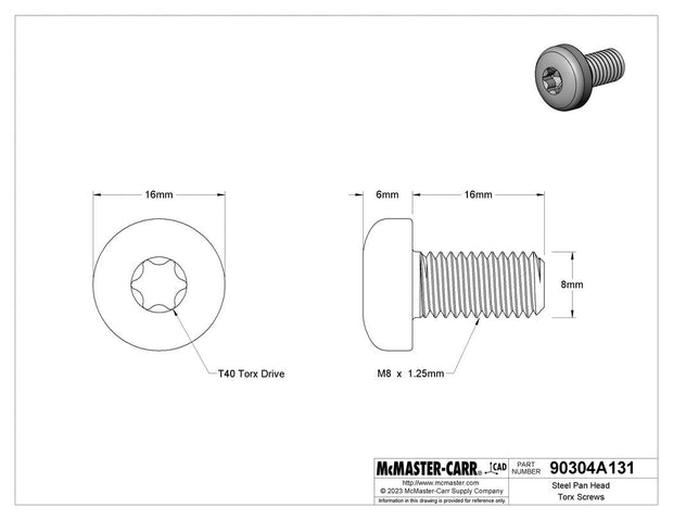 400PC McMaster Steel Pan Head Torx Screws Zinc Plated M8x16MM 1.25mm Pitch, ISO