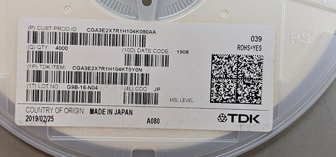 4000PCS CGA3E2X7R1H104K080AA Capacitor Ceramic 0.1uF 50V X7R 10% Pad SMD 0603