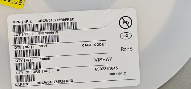 10000PCS Vishay Dale CRCW040275R0FKED Thick Film Resistors 0402 75ohm 1% 6.25mW