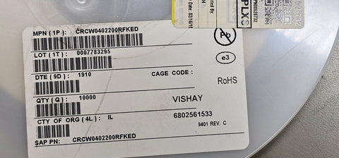 9780PCS CRCW0402200RFKED Thick Film Resistors 200Ohm 1% 1/6w 0402 SMD :RoHS,