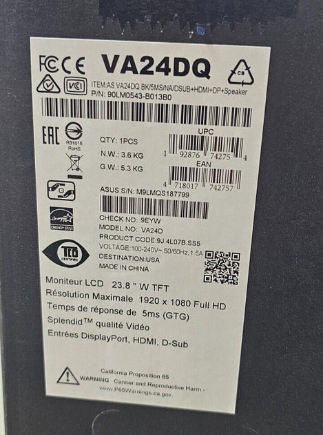 ASUS VA24DQ 23.8” Monitor, 1080P Full HD, 75Hz, IPS, Adaptive-Sync/Fre ...