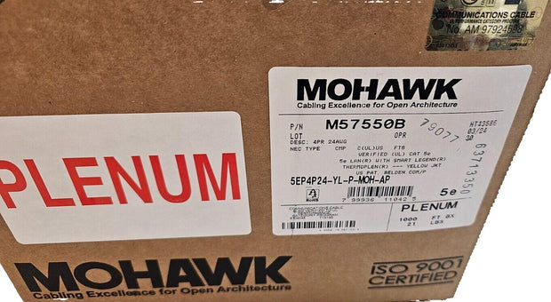 1000ft Mohawk M57550B Cat5E Cable, Copper Plenum, CMP, 24AWG 5EP4P24-YL-P-MOH-AP