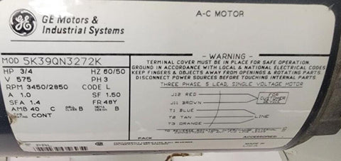 General Electric 5K39QN3272K 3/4 HP 575v 3450/2850 RPM Motor w/ Fan Assembly