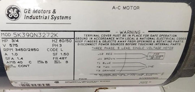 General Electric 5K39QN3272K 3/4 HP 575v 3450/2850 RPM Motor w/ Fan Assembly