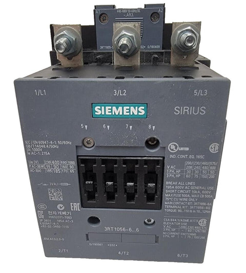 Siemens 3RT1056-6AF36 SIRIUS IEC Contactor 480V AC/DC Coil 3PH 75HP Rated