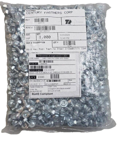 Qty 1000 Century M6x8 Hex Pozi Taptite Steel Comb Screw Zinc Plated, ROHS Flange