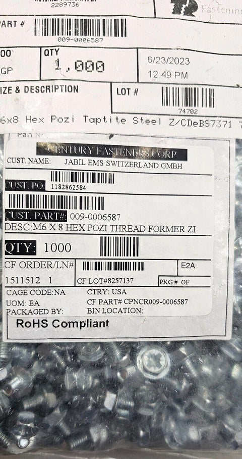Qty 1000 Century M6x8 Hex Pozi Taptite Steel Comb Screw Zinc Plated, ROHS Flange