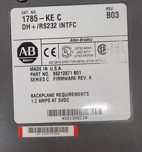Allen Bradley Interface 1785-KE C DH + /RS232 INTFC REV B03 (PN 96212871 B01)