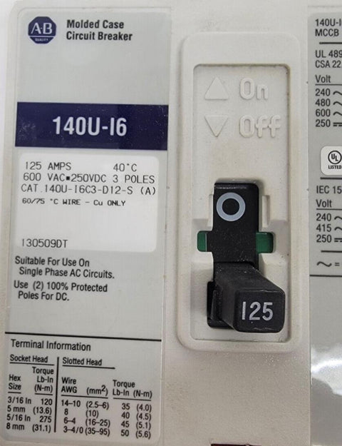 New Allen Bradley 125A Circuit Breaker 140U-I6C3-D12-S