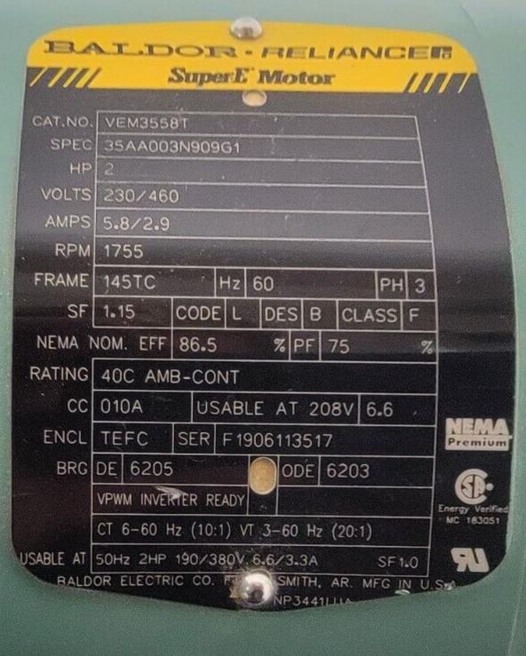 Baldor Motor VM3558T 2HP, 1750RPM, 3PH, 60HZ, 145TC, 3524M, TEFC, F1