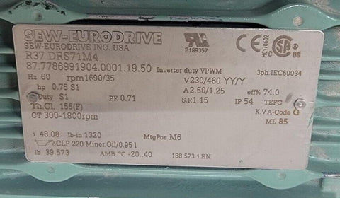 Sew Eurodrive R37 DRS71M4 Gearmotor 0.75HP 300-1800RPM
