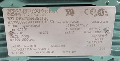Sew Eurodrive Gearmotor R37 DRS71M4BE1HR 0.75HP 1690RPM